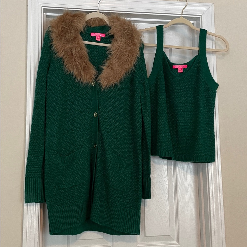 Lilly Pulitzer Green Cardigan and Tank Top Set with Faux Fur Collar Medium